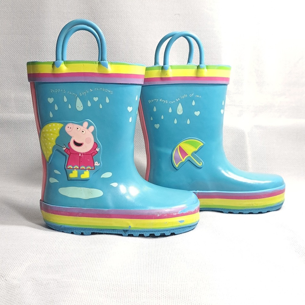 Peppa Pig Kids‎ Rain Boots Size 5-6 Pull On Galoshes Blue Rainbow Umbrella